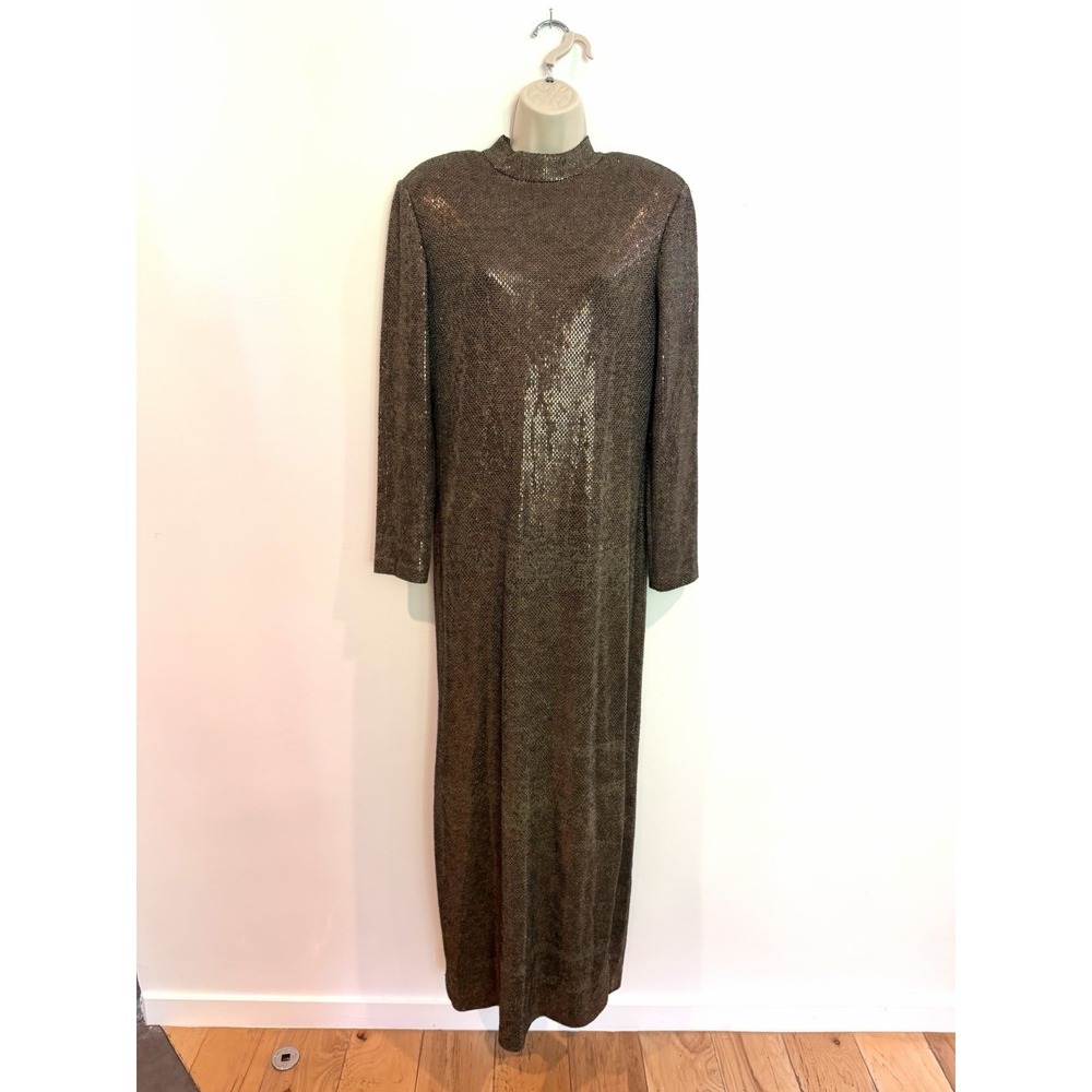 St. John Evening Gown Long Sleeve Knit Mock Neck Black & Gold Dress 12 USA Made